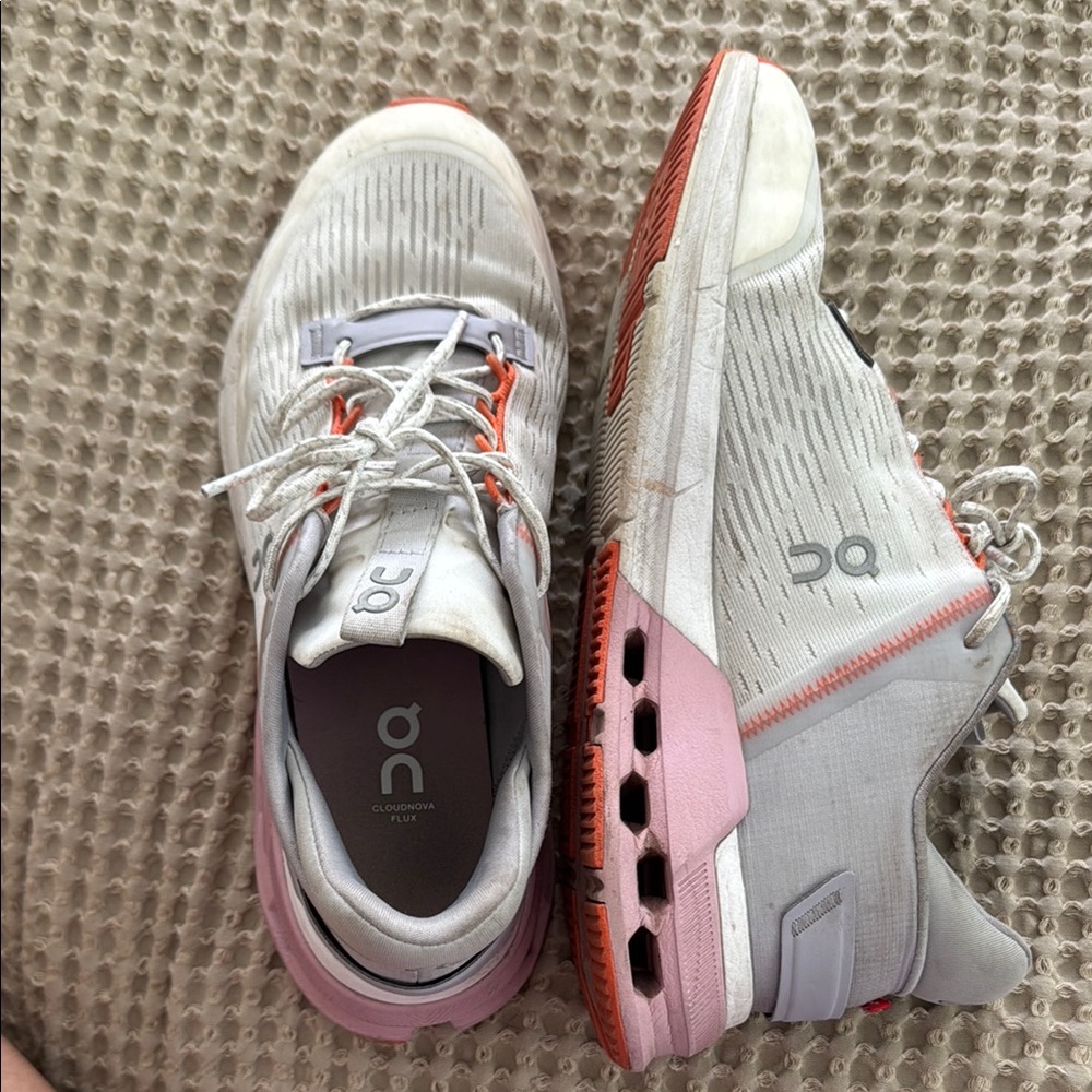 On Running White and Coral Sneakers